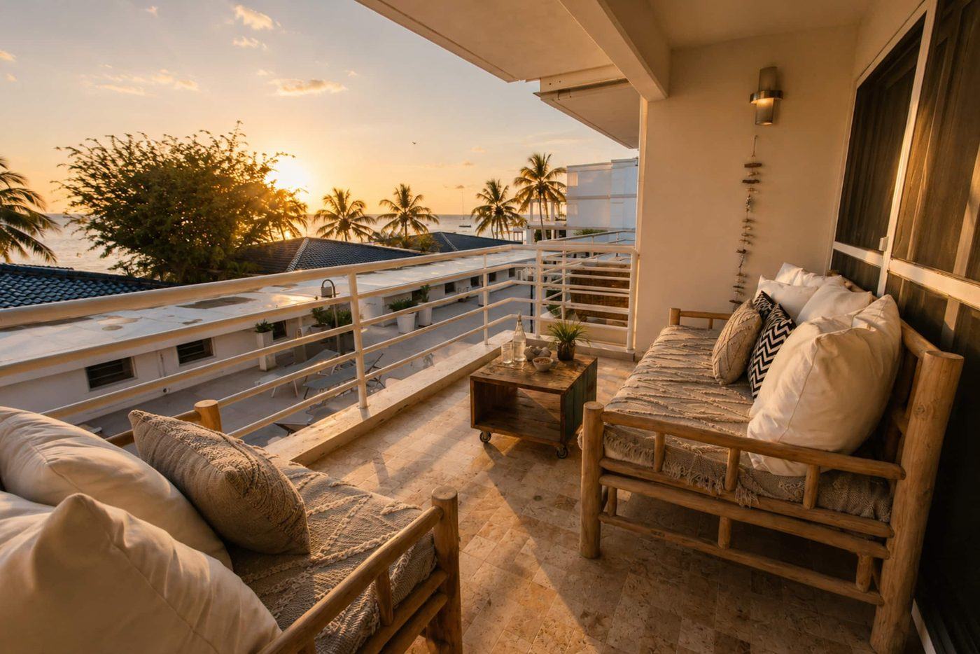 Apartamento Tuna: balcón privado con sofá lounge al atardecer